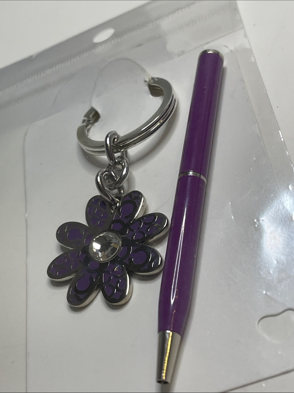Coach Flower Charm Keyring with Purple Enamel, Crystal, and Coach Pen - Picture 5 of 6